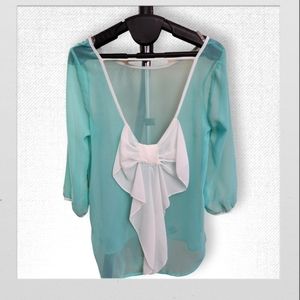 Turquoise Flowy Top with White Bow, Women's Small